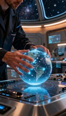 Man holding a futuristic holographic globe interface