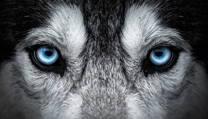 A dramatic, ultra-detailed portrait of a husky, focusing on the symmetrical and piercing gaze of its brilliant blue eyes