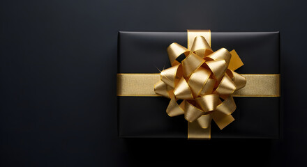 Dark aesthetic gift box with elegant gold ribbon on dark. 