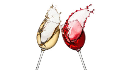 Two elegant wine glasses clinking, dramatically splashing pale yellow white and ruby red wine against a transparent studio background, concept of joyful celebration