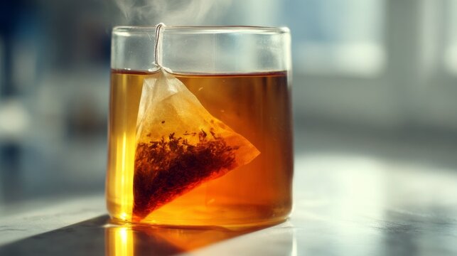 A steaming cup of tea with a tea bag submerged in it. The drink is amber-colored, set against a bright background, suggesting warmth and comfort. - Powered by Adobe