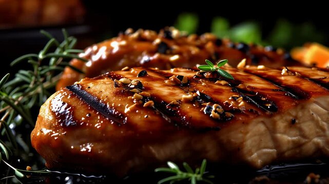 Grilled salmon fillets showcase rich grill marks with glistening glaze. Background features fresh herbs and vibrant citrus. Concept of seafood, gourmet dining, catering