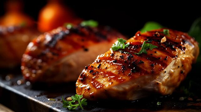 Grilled salmon fillets displayed with fresh herbs on dark wooden board. Elegant restaurant setting with warm ambient light creates inviting atmosphere