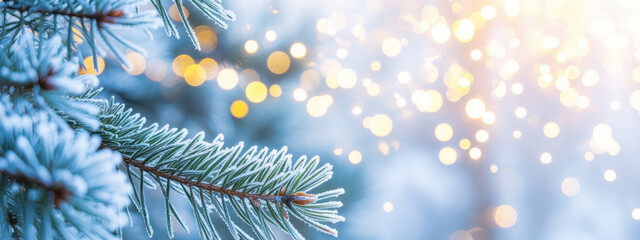 Christmas background. Xmas tree with snow decorated with garland lights, holiday festive background. Widescreen frame backdrop. New year Winter art design, Christmas scene wide screen holiday border