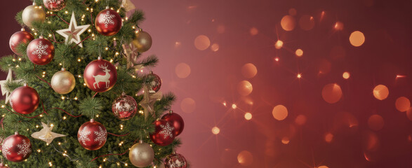 Christmas Tree With Ornament And Bokeh Lights In Red Background
