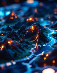 Miniature 3D map with glowing landscape and data 3D render.
