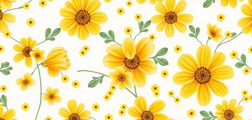 Fototapeta premium Delicate yellow ditsy floral print on white, Liberty style, seamless repeat , pattern, elegant