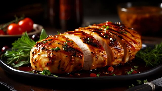 Grilled chicken breast served with fresh vegetables and herbs. Warm, inviting atmosphere with rich colors and textures. Concept of dining, culinary arts, food presentation