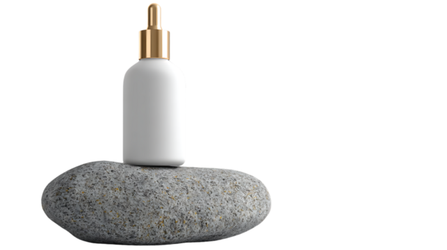 White cosmetic serum bottle with gold dropper on smooth stone isolated on transparent background