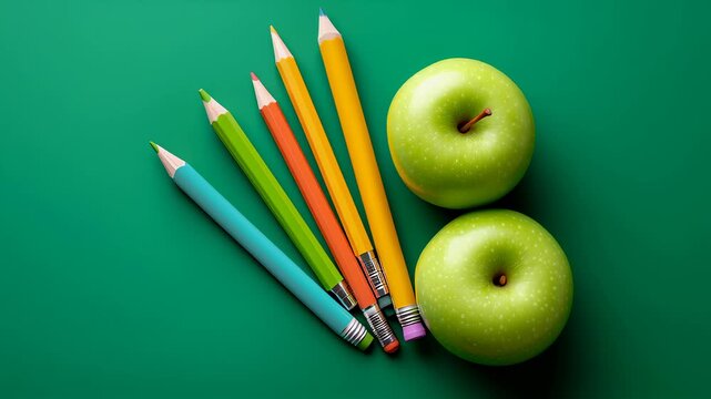 Pencils placed alongside shiny green apples on bright green surface. Ideal for educational settings and creative spaces. Concept of learning, school supplies, health snacks