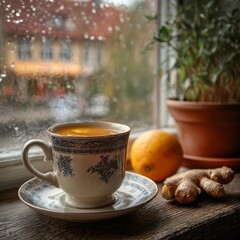 Fototapeta premium Cozy Tea Ritual: A soothing moment of comfort with a cup of tea by a rainy window, accompanied by lemon and ginger, a peaceful indoor scene.