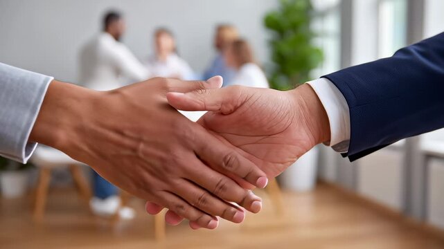 Handshakes convey agreement during hiring discussions. Bright office environment with individuals in background. Concept of recruitment, career growth, human resources