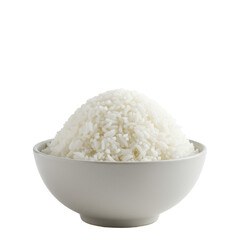 Fluffy, glistening jasmine rice in a light grey ceramic bowl, isolated on a transparent studio background, soft diffused light. Concept of culinary purity and nourishment