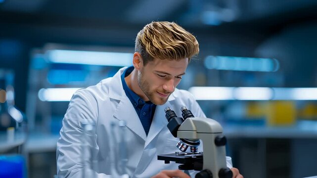 Young scientist looking at microscope, engaged in research in a high-tech lab. Bright workspace with equipment and screens, showcasing innovation. Concept of science, research, laboratory