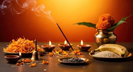 Festive hindu ritual composition with lighted diyas and offerings setting, india