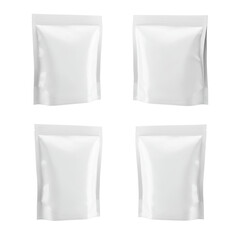 Four identical, blank, white matte plastic pouches with heat-sealed seams, displayed from various angles on a transparent studio background with copy space, ready for branding. Packaging mock-up