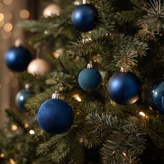 A Festive Close-Up of a Decorative Christmas Tree Adorned with Shimmering Blue and Silver Ornaments and Twinkling Lights