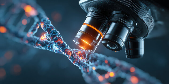 Microscope Focused on DNA with Red and Blue Highlights