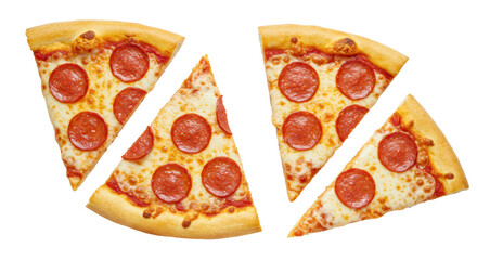 Four freshly baked triangular pepperoni pizza slices, golden crust, gooey mozzarella, vibrant pepperoni, on a bright white studio background, top-down view, appetizing food advertising concept