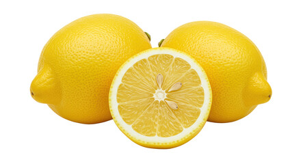 Three bright yellow lemons, two whole, one halved displaying fresh, juicy pulp, segments, seeds, isolated on transparent with copy space Concept of natural freshness and health
