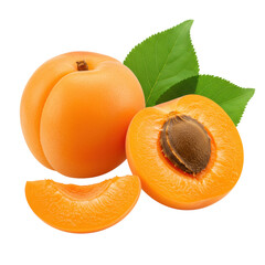 Two ripe, fresh apricots (one whole, one cut revealing juicy orange flesh, pit), green leaves, transparent background, copy space, bright studio light, appetizing produce display