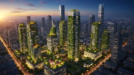 Sustainable green city skyline architecture modern urban development eco friendly buildings vertical gardens futuristic environment smart city design - Powered by Adobe