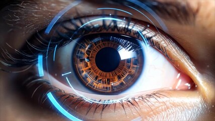 Close up eye with digital technology interface iris with circuit patterns biometric security concept - Powered by Adobe