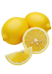 Two vibrant yellow lemons, one cut, exposing juicy segments, and a thin slice, artfully arranged on transparent background with copy space, natural freshness health concept