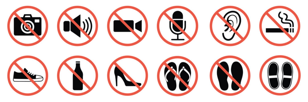 Prohibition Sign Icon Set – Flat Vector Red Circle Symbols Showing No Camera, Phone, Food, Pets, Smoking, Fire, Noise, and More on White Background