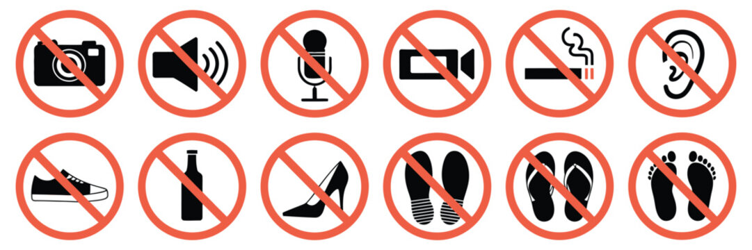 Prohibition Sign Icon Set – Flat Vector Red Circle Symbols Showing No Camera, Phone, Food, Pets, Smoking, Fire, Noise, and More on White Background