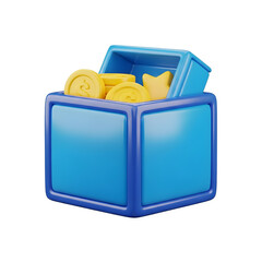 Blue Reward Box Golden Coins Financial Success Concept with transparent background