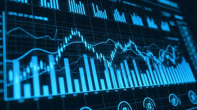 Data analysis with interactive charts and graphs. Statistical information shows market trends and performance insights. Visual data representation enhances decision making.
