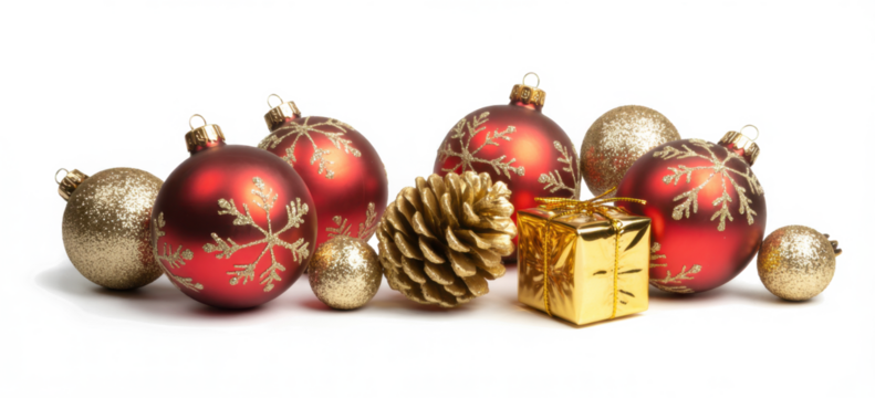 Christmas decorations with baubles isolated on white background
 - Powered by Adobe