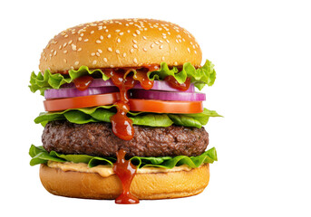 Gourmet beef burger, golden bun with sesame, juicy grilled patty, crisp lettuce, red tomato, onion, and red sauce on a rustic wooden board, white background, copy space. Commercial food photography