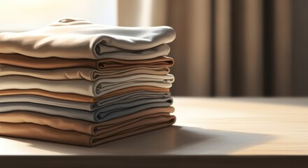 Folded fabrics stack with warm natural tones in a minimalist style design