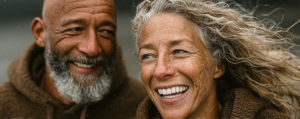 Senior couple laughing together outdoors on a windy day