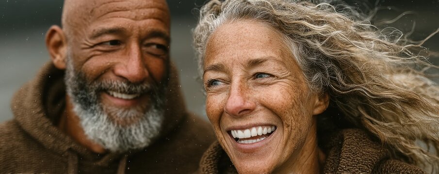 Senior couple laughing together outdoors on a windy day
