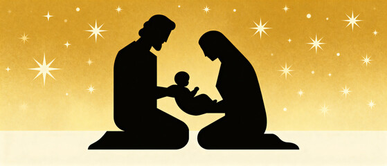 Nativity scene with mother and father holding baby in silhouette  