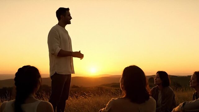 Group meditation at sunset. Leader guides mindfulness session in nature. Participants enjoy peaceful atmosphere and connection with surroundings.