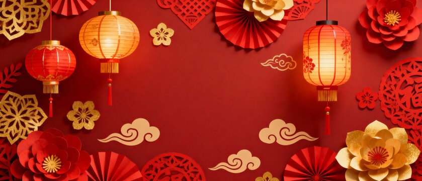 Chinese lanterns and flowers on red background for Lunar New Year  