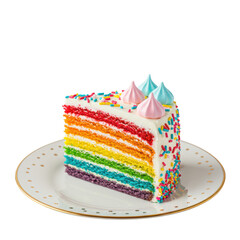 A vibrant rainbow layered cake slice, white frosting, abundant sprinkles, pink & light blue meringue kisses on gold-rimmed white plate, seamless background. Festive birthday celebration concept.