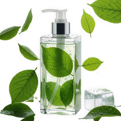 Natural organic skincare pump bottle with green leaves and water