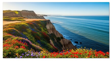 Floral cliffs and the pacific ocean, a scenic coastal landscape view