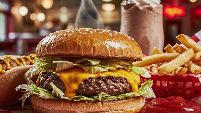High quality American fast food setup featuring classic hamburgers with fries, refreshing drinks, and nostalgic comfort food vibes perfect for cooking shows, restaurant advertisements.