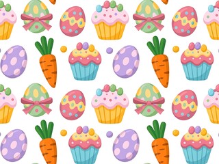 Cute cartoon easter eggs cupcakes carrots seamless pattern white