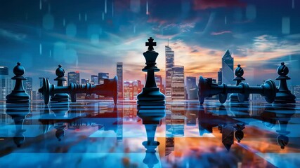 Chess pieces on glass chessboard illustrating winning business strategy with modern city skyline reflecting on its surface - Powered by Adobe
