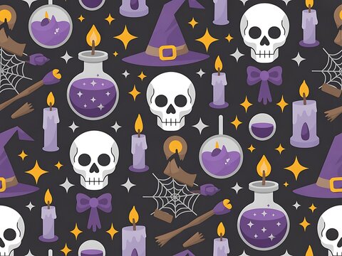 Halloween magic pattern with skulls, witch hats, and potions.