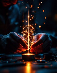 Hands creating a glowing plexus network digital art.