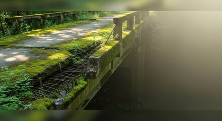 Forgotten concrete bridge overgrown with moss in a lush green environment