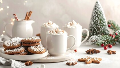 Gingerbread cookies with festive hot chocolate mugs high resolution photo